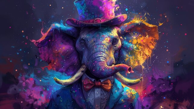   A painting of an elegantly dressed elephant in a top hat and tuxedo, adorned with vibrant paint splatters