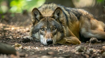 European gray wolf lies on the ground in a forest and looks into the camera at zoo