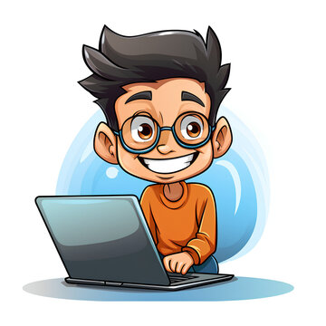 Animated boy with a laptop on a blue background