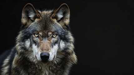 Eye to eye portrait with grey wolf female on black background. Square image. Beautiful and...