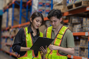 Warehouse worker working in warehouse storage. Foreman or worker work at factory site check up products in site. Inventory worker working in  factory Storehouse