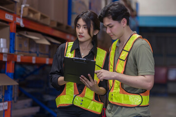Warehouse worker working in warehouse storage. Foreman or worker work at factory site check up...