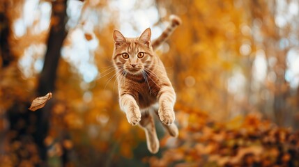 Naklejka na ściany i meble Funny red cat flying in the air in autumn