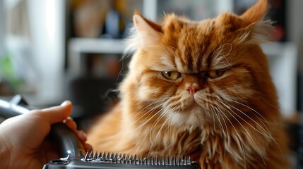 Hair combing with a furminator dissatisfied red cat and furminator in groomer hand - obrazy, fototapety, plakaty