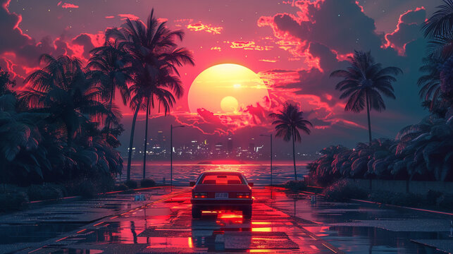 Vaporwave car, synthwave car, pink sunsut
