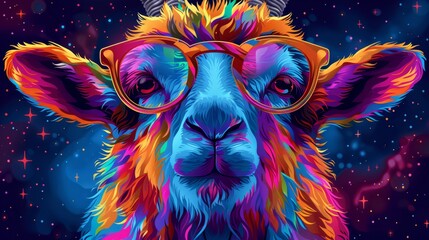   A sheep wearing glasses is situated against a backdrop of a star-studded sky, brimming with bright celestial bodies - obrazy, fototapety, plakaty