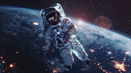 Astronaut floating in space with Earth in the background, details of a complex space suit, bright stars and distant galaxies, realistic style, ultra detailed - obrazy, fototapety, plakaty