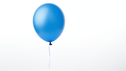 One blue balloon suspended in air with blue string on white background
