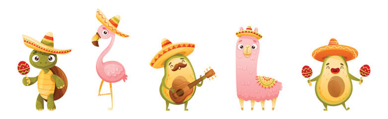 Mexican Funny Character with Cute Face Enjoy Holiday Vector Set