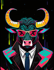 Digital artistic decorative illustration of a bull dressed in a suit in black, red, and turquoise tones in a pop art style, room decoration in modern houses