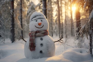 Serene Snowman winter forest art. Scene nature. Generate Ai