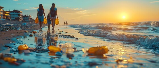 United for a Cleaner Shoreline: Volunteers Tackle Beach Pollution at Sunset. Concept Beach Cleanup, Environmental Conservation, Community Engagement, Sunset Gathering, Pollution Prevention - obrazy, fototapety, plakaty