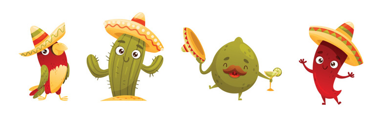 Mexican Funny Character with Cute Face Enjoy Holiday Vector Set