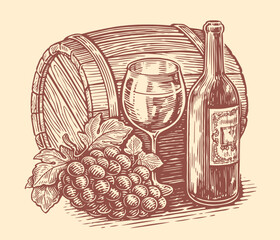 Wine drink concept. Hand drawn sketch vintage vector illustration. Winery, vineyard