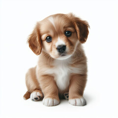 Adorable Puppy Sitting, Brown and White, Cute Canine Portrait, isolated on a white background