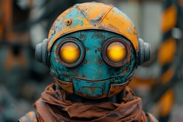 Retro robot with rustic orange helmet and scarf