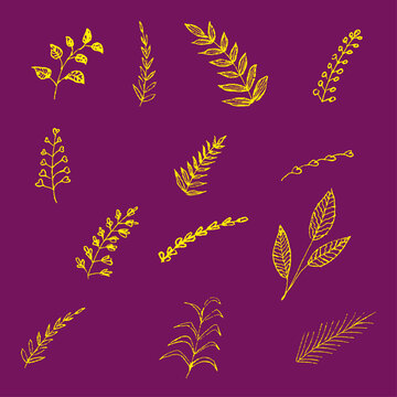 doodles twigs and orange leaves on a burgundy background