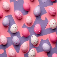 Fototapeta na wymiar Easter Graphic Resource Design Element with Medium Sized Decorated Eggs on a Pink and Purple Paper Background
