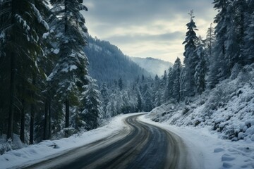 Serene Snowy road with mountain view. Winter alpine scenic landscape nature. Generate ai