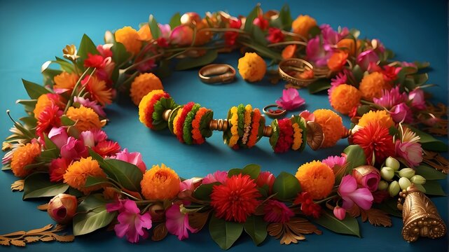 A photorealistic depiction of an Ugadi garland, showcasing its intricate details, vibrant colors, and traditional design elements. The focus is on capturing the realism of the garland as if it were p