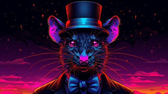   A painting of a rat in a top hat and bow tie against a backdrop of starry skies