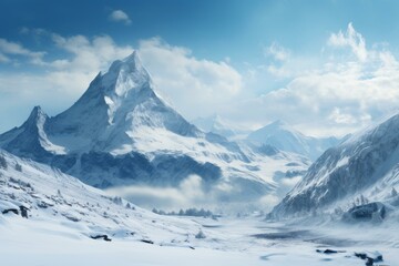 Majestic Snowy mountain view. Glacial wintertime alpine picturesque natural beauty. Generate ai