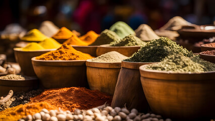 Spices and herbs in wooden bowls on the market in India.