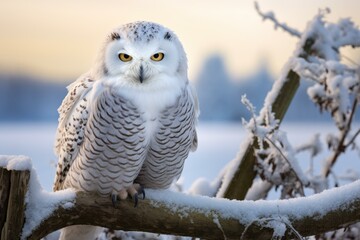 Sturdy Snowy owl tree branch. Winter raptor. Generate Ai