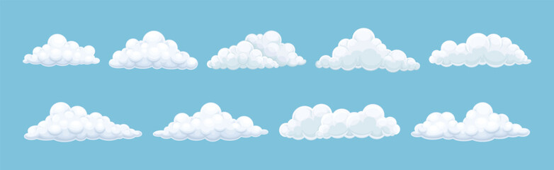 Fluffy Soft Cloud Isolated on Blue Background Vector Set
