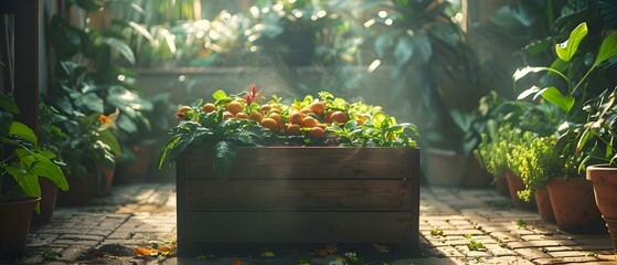 Sunlit Garden Harvest Box Amidst Lush Greenery. Concept Nature Photography, Organic Farming, Fresh Produce, Sustainable Living, Gardening Hobby - obrazy, fototapety, plakaty