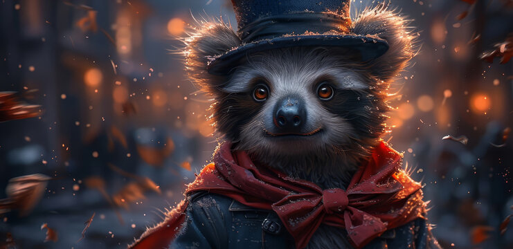   A painting of a raccoon donning a top hat and a scarf, with a red scarf encircling its neck