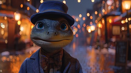   A tight shot of a toy animal donning a hat on a city street, bathed in night's calm, as lights gleam in the backdrop