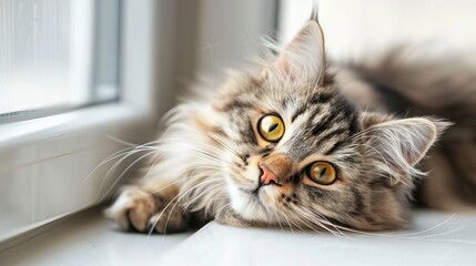 The fluffy cat lies on the windowsill and looks into the camera. A young cat with yellow eyes