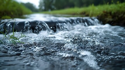 Serene Water Flow in Lush Meadow. Concept Nature Photography, Water Landscapes, Flora and Fauna - obrazy, fototapety, plakaty