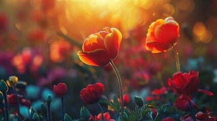 a group of red and yellow flowers - obrazy, fototapety, plakaty