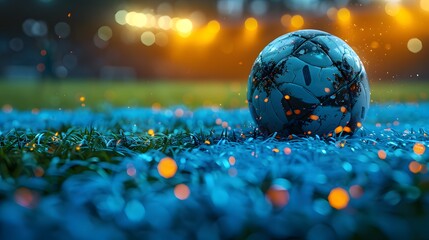 energy of football with a ball placed on the electric blue grass of a stadium, depicted in realistic  full ultra HD against a vibrant sapphire background.