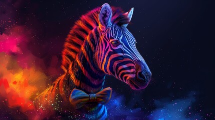 Fototapeta premium A zoomed-in image of a zebra donning a bowtie against a star-filled night sky and vibrant backdrop