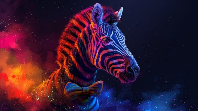   A zoomed-in image of a zebra donning a bowtie against a star-filled night sky and vibrant backdrop