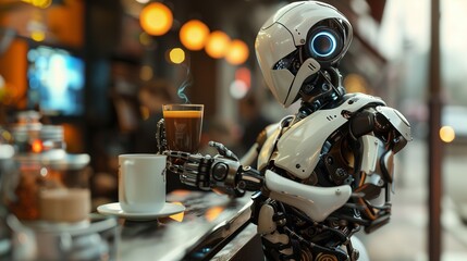 robot serving coffee in a coffee shop  - obrazy, fototapety, plakaty