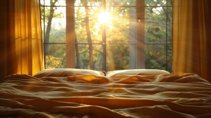   A bed adorned with a blanket and pillows faces a sunlit window, its panes transmitting the golden rays
