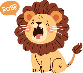 Cute lion roaring loudly with his mouth open. Speech bubble and roar caption. Flat vector illustration in children's style . Vector illustration