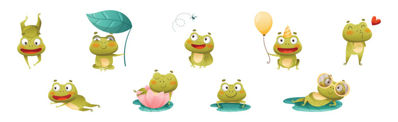 Naklejka premium Funny Green Frog Character Engaged in Different Activity Vector Set