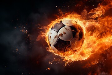 Glowing Soccer ball fire flame. Power goal. Generate Ai