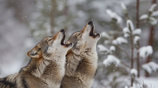 Two wolves howl at the moon