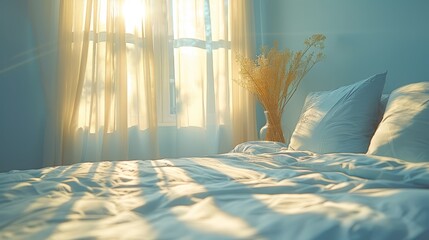   A bed with a white comforter Nearby, a vase holds a plant By the window, sheer curtains frame the view - obrazy, fototapety, plakaty