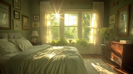   A bed faces a window in a bedroom, sunlit by streaming daylight A dresser houses a lamp atop it - obrazy, fototapety, plakaty
