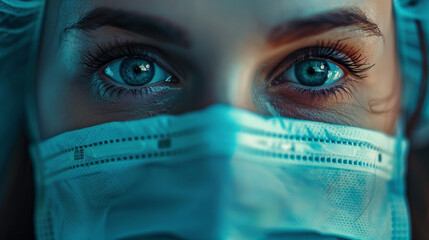 The face of a young female doctor in a blue mask.