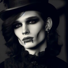 A close up of a person with a hat and makeup, androgynous vampire, elegant victorian vampire