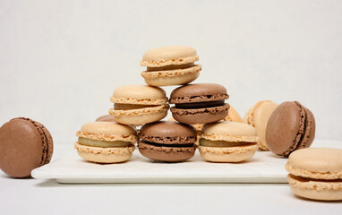 Chocolate macarons on a white background