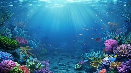 Fototapeta na wymiar Underwater coral reef landscape background in the deep blue ocean with colorful fish and marine life